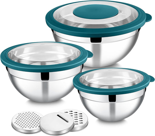 E-far Mixing Bowls with Lids and Graters, Stainless Steel Salad Mixing Bowl with Transparent Lid Set of 3, Metal Nesting Salad Storage for Kitchen Prepping/Serving/Baking, 4.6/2.6/1.5QT - Teal Blue