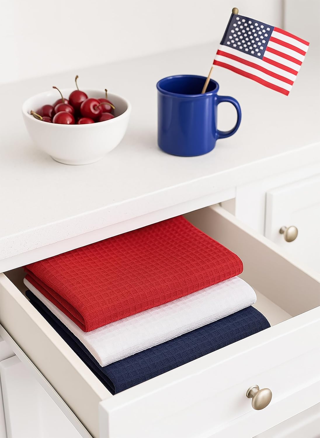 PurpleEssences 4th of July Waffle Weave Kitchen Towel, 100% Cotton - 15 x 25 Inches, with Hanging Loop Ultra Soft Absorbent Quick Drying Dish Cloth, Tea & Hand Towels, 6 Pack Labor Day Red Blue White