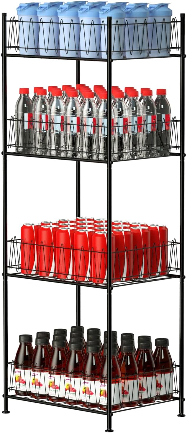 ETELI Water Bottle Organizer 4 Tier FreeStanding Water Bottle Holder Storage Rack Floor Metal Drink Soda Can Organizer for Pantry Kitchen Food Storage, Black