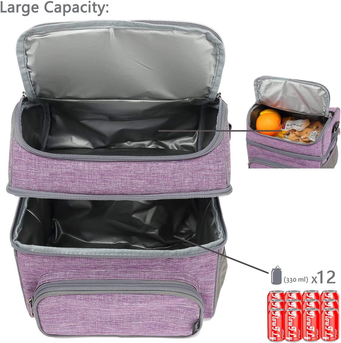 FlowFly Double Layer Cooler Insulated Lunch Bag Adult Lunch Box Large Tote Bag for Men, Women, With Adjustable Strap,Front Pocket and Dual Large Mesh Side Pockets