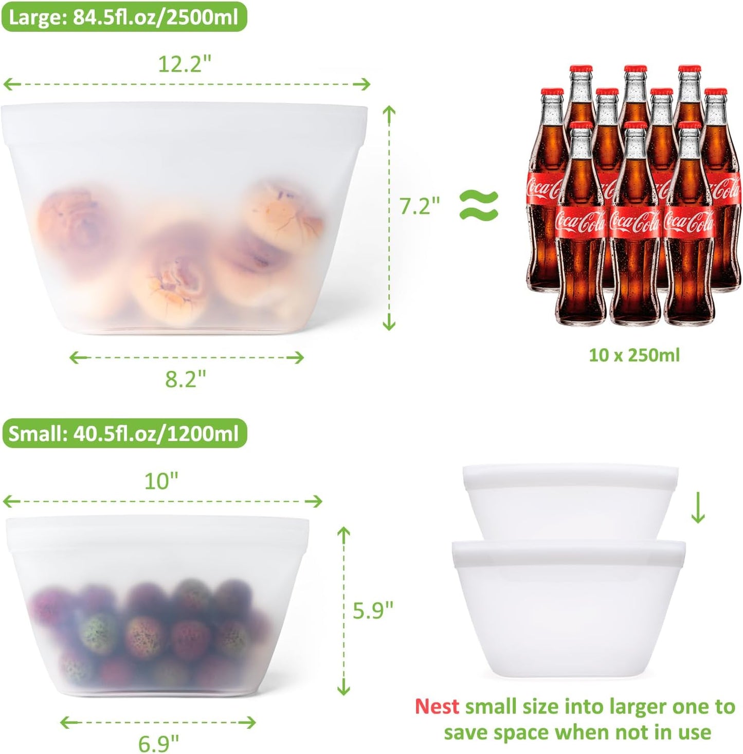 Silicone Bags for Food Storage, Reusable Food Storage Containers Zip Lock Silicone Bags Stand Up Snack Bags, Freezer Microwave Oven Dishwasher Safe,Plastice BPA-Free 4 Pack 2 Size(84oz & 40oz)