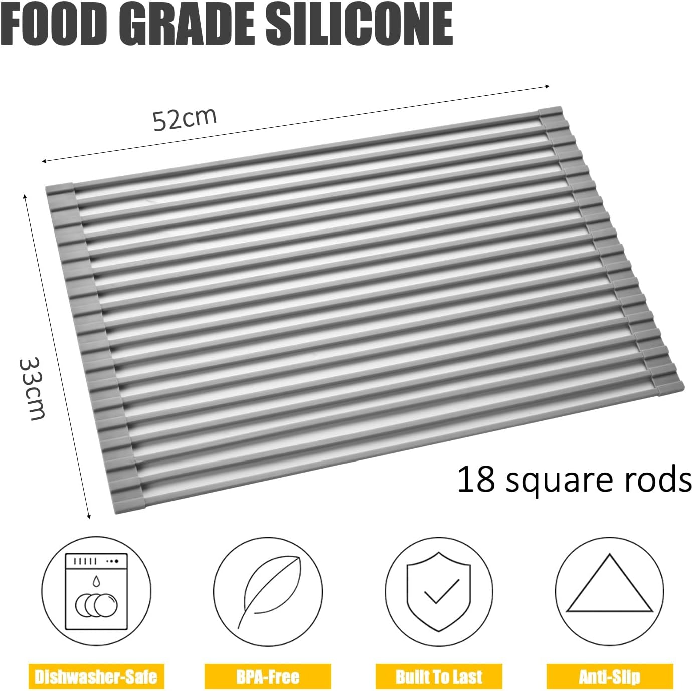 Silicone-Coated Stainless Steel Over The Sink Multipurpose Roll-Up Dish Drying Rack, 20.8"X13.2", Heat Resistant Non Slip Dish Draining Rack BPA Free Dishwasher Safe (L, Gray)