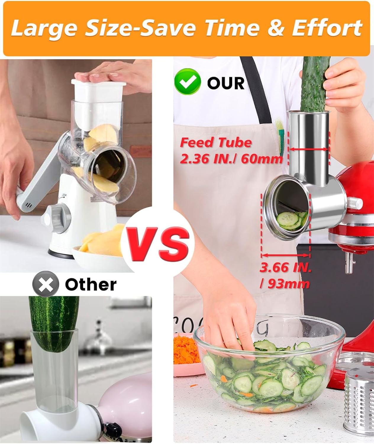 Stainless Steel Salad Maker Attachment for KitchenAid Mixers, Large Slicer Shredder & Cheese Grater Accessories with 4 Blades,Dishwasher Safe