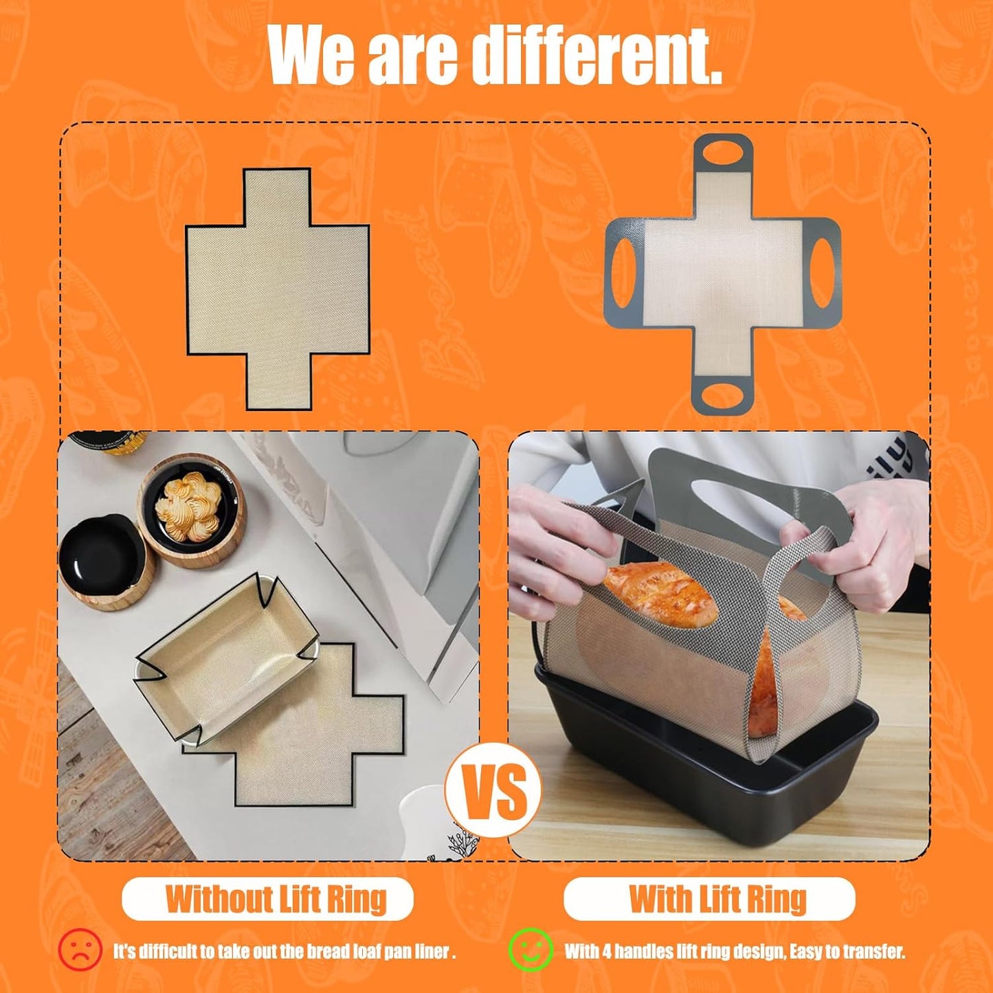 Reusable Silicone Bread Loaf Pan Liner, Food-Grade Silicone Bread Sling, Sourdough Bread Baking Mat, Non-Stick &Easy Clean Dough Transfer Tool, Fits 9x5" or 1.5lb Loaf Pans, Grey & Orange, 2PCS