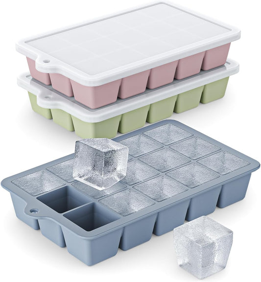 Silicone Ice Cube Tray 3 Pack - EASY RELEASE ice cube tray with lid, BPA Free Ice Cubes Trays for Freezer,ice cube mold for Cocktail,Whiskey