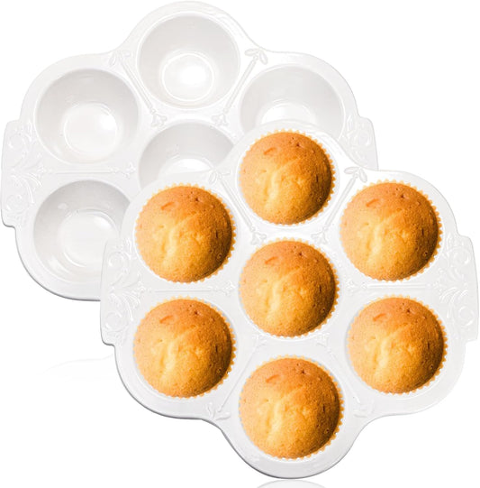 Youeon 2 Pack Ceramic Muffin Pans 7 Cups, Nonstick White Floral Cupcake Baking Pan with Handle, Muffin Tins for Muffins, Cupcakes, Tarts, Mini Cheesecakes, Oven and Dishwasher Safe