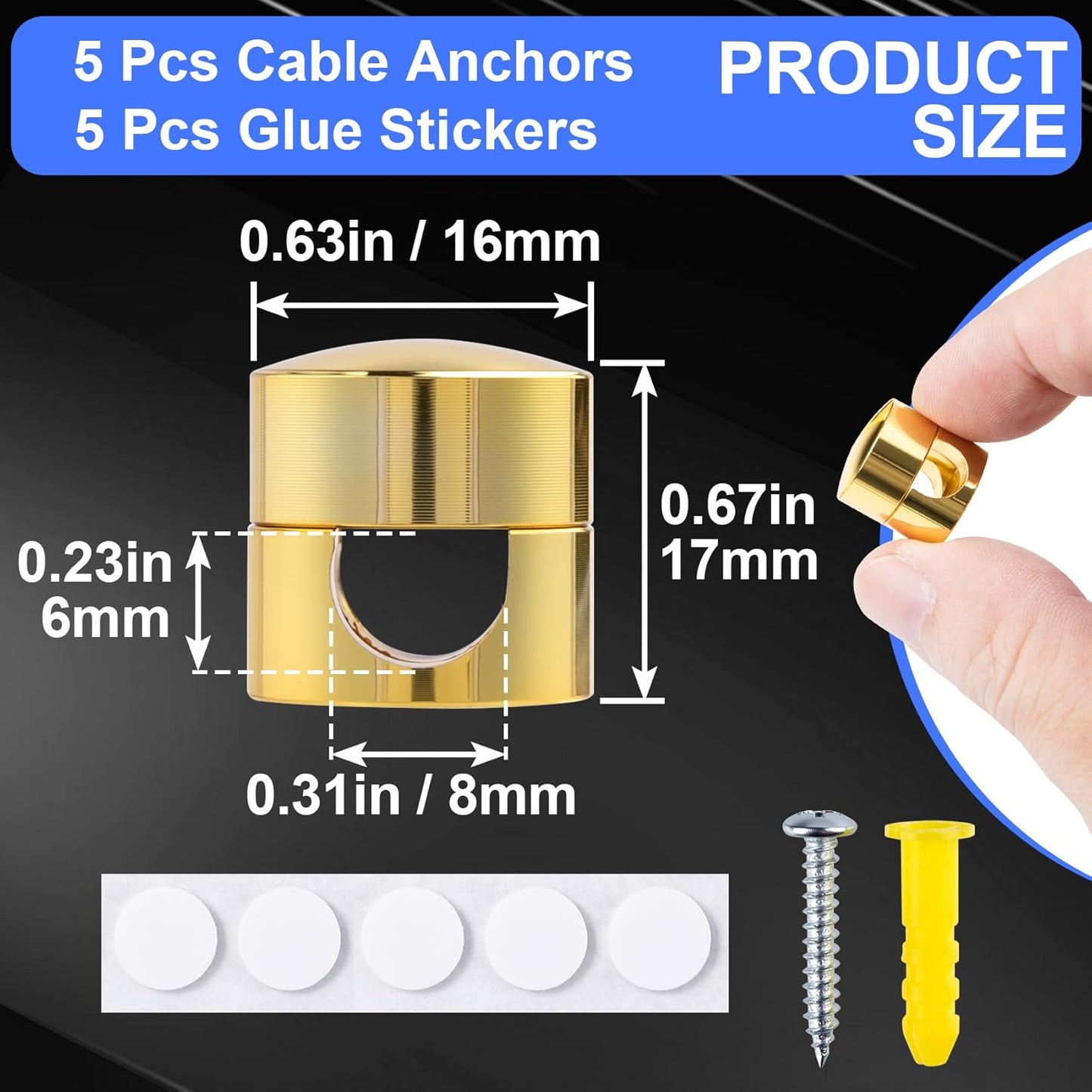 5 Sets Charger Holders for Cords, Gold Adjustable Cable Anchor Holders, Adhesive Metal Cord Clips, Cable Management Wire Organizers for Desk, Office, Nightstand