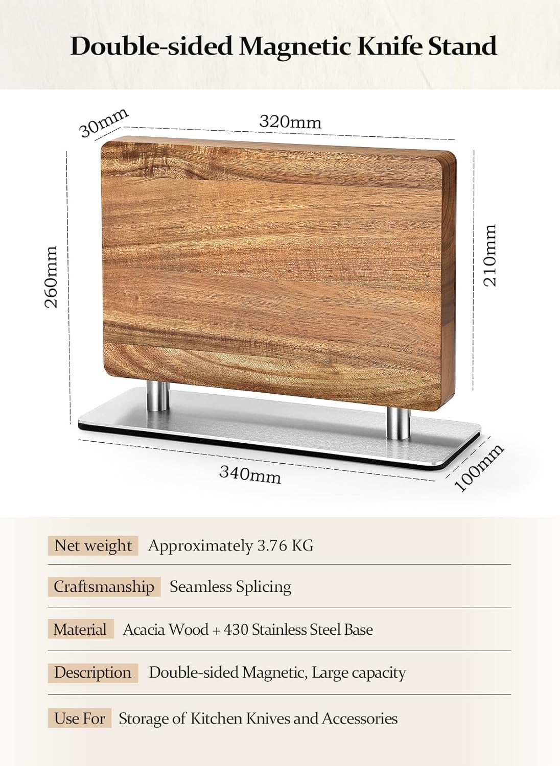 Strong Double Sided Magnetic Knife Block Without Knives, with Acacia Wood+430 Stainless Steel Base，Magnetic Universal Stands with Strong Enhanced Magnets Strip Kitchen Storage Cutlery Large Organizer