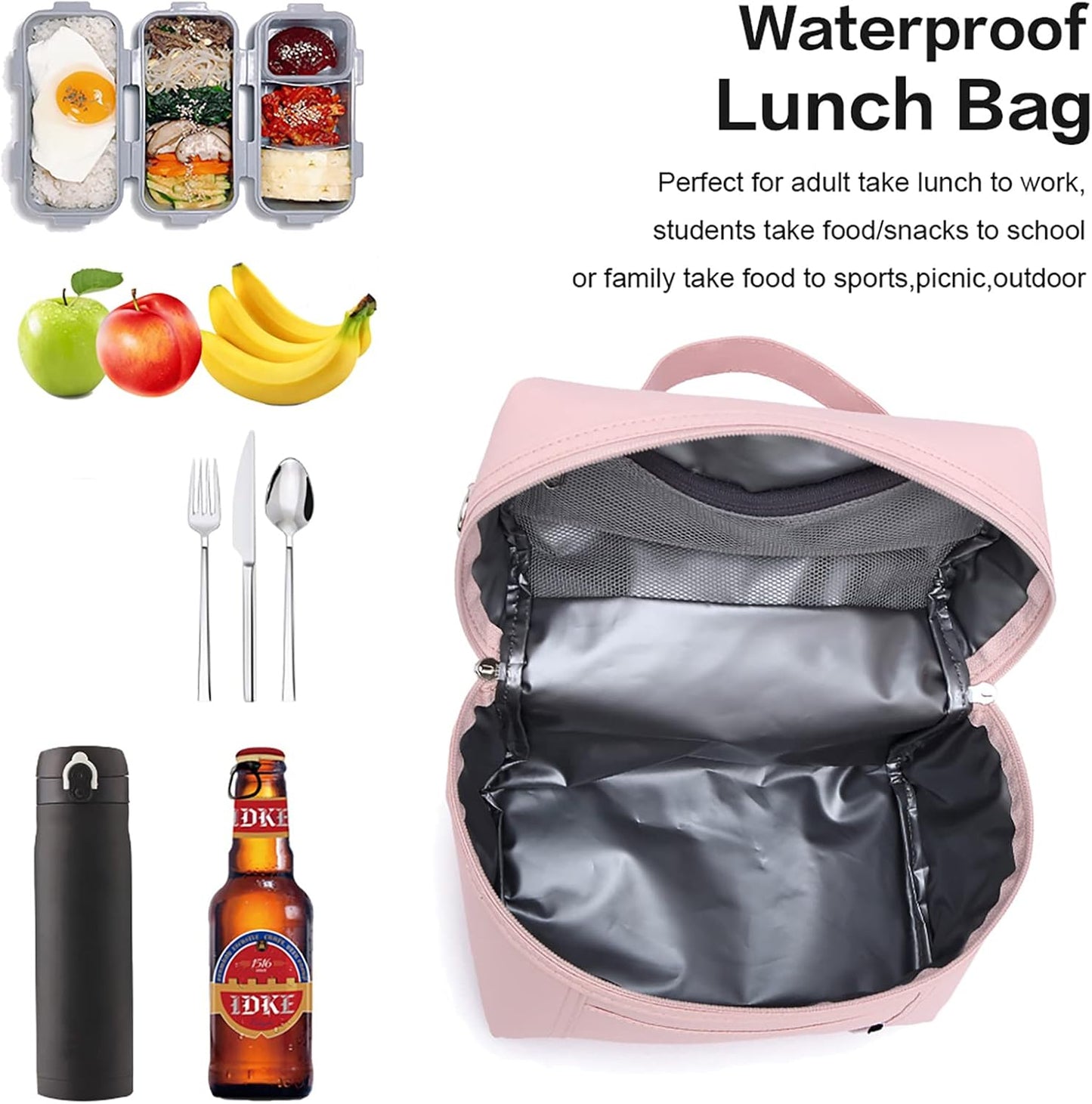 NOL Natural Organic Lifestyle Insulated Lunch Bags for Women Cooler Bag Lightweight Nylon Waterproof Lunch Box For Work (Medium, Pink)