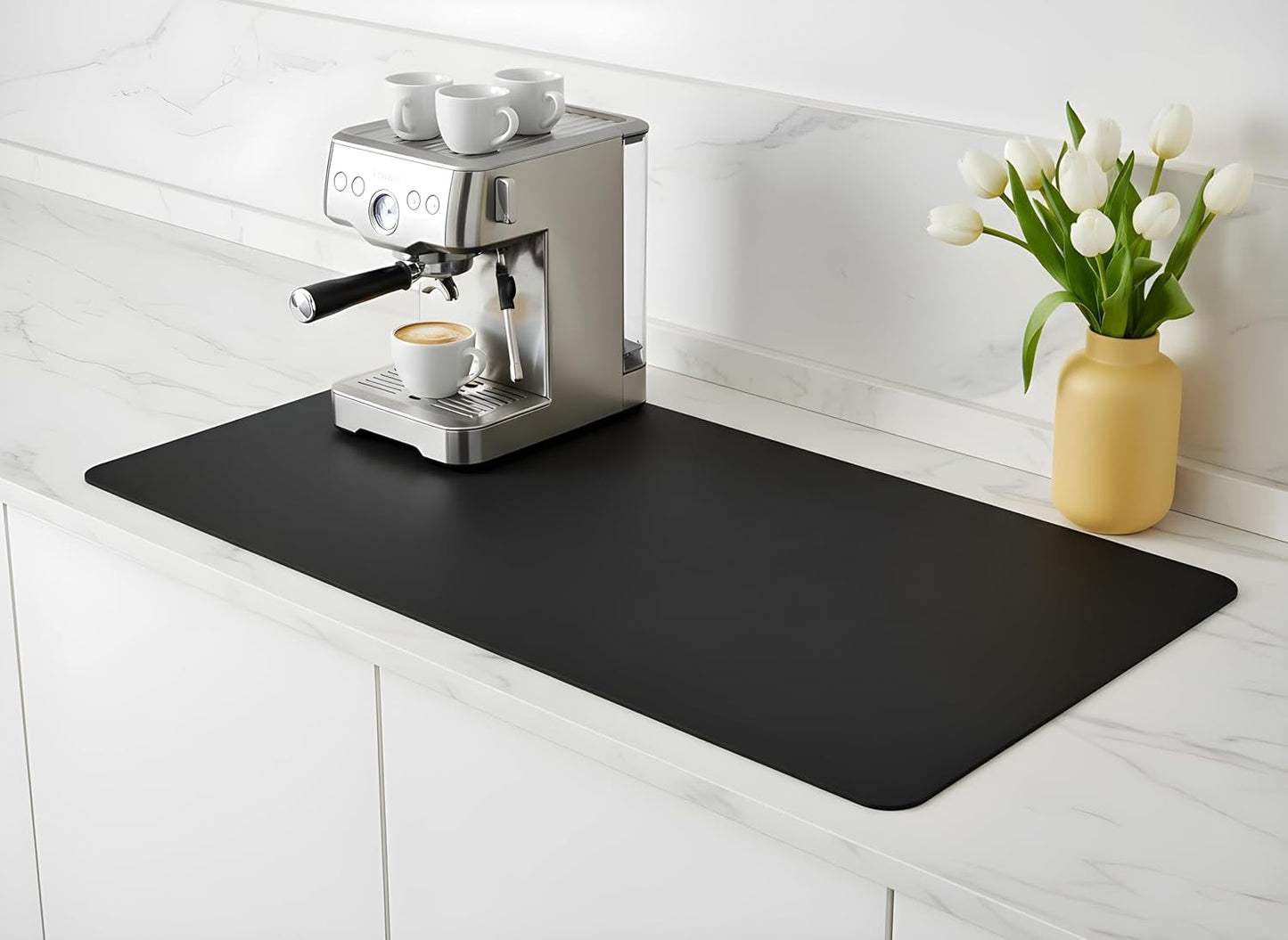 Dish Drying Mat Super Absorbent – 17" x 31" Coffee Mat for Countertops – Non-Slip Drying Mat for Kitchen Counter – Easy to Clean Water Absorbent Mat – XLarge Dish Drying Mats (Black)