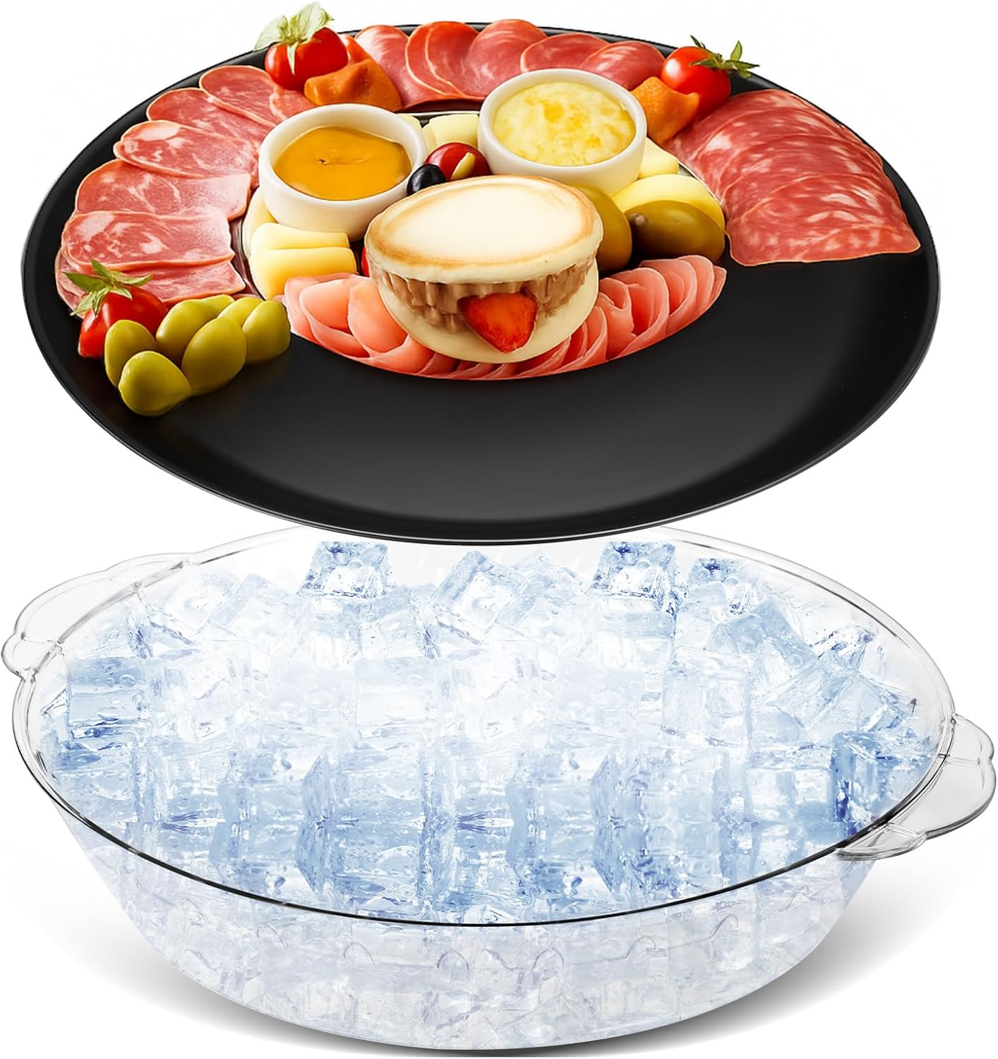 Baderke 1 Set 11.8" Chilled Serving Tray for Parties with Compartments Ice Chilled Party Platter Charcuterie Serving Board Cold Dish Dip for Fruit Seafood Vegetable Shrimp Cocktail (Black)