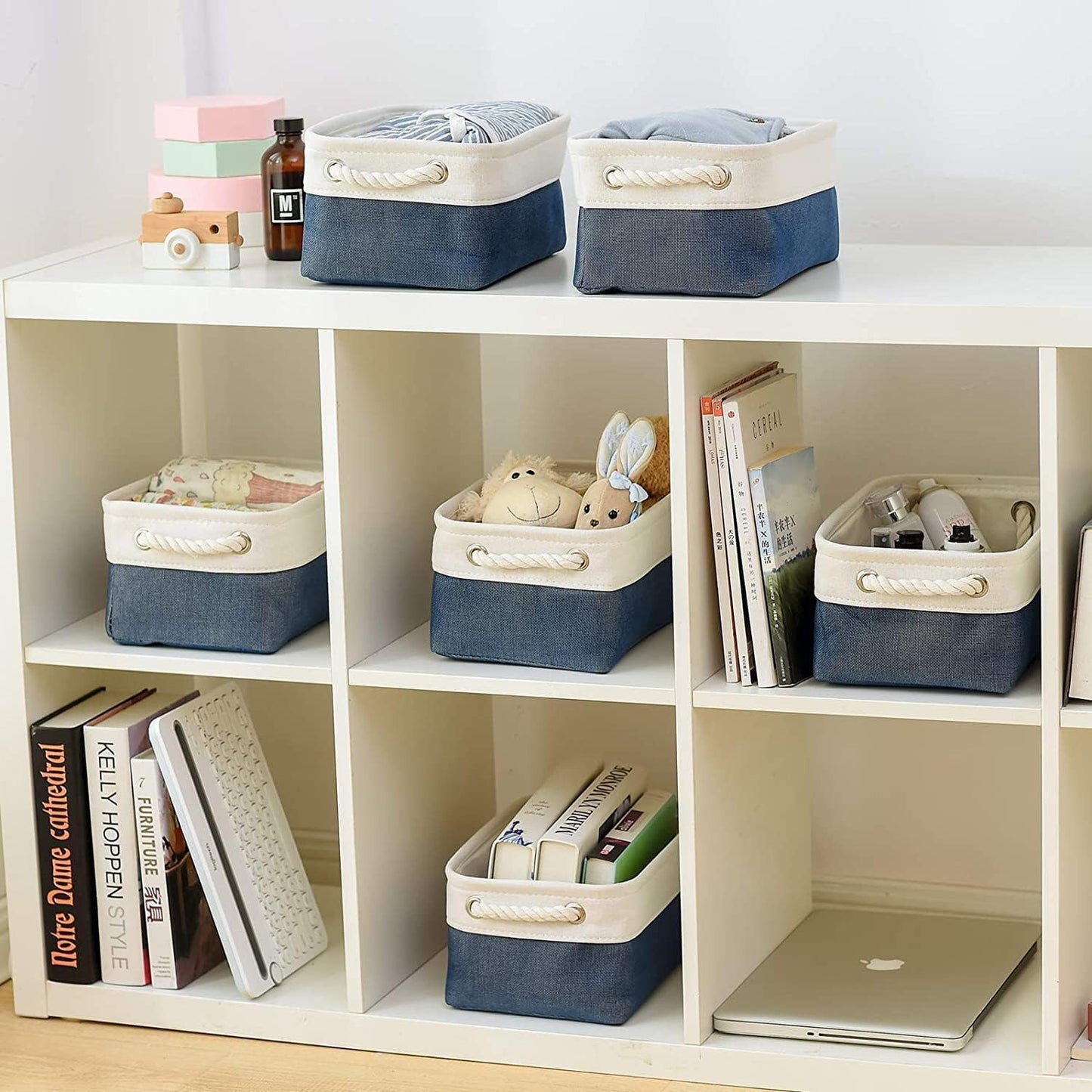 TheWarmHome Storage Basket for Organizing - Small 12x8x5.2 inch 6 Pack Collapsible Storage Bin for Shelves, Canves Storage Cubes for Organizer Cloth Box Gift Toys Closet (White & Jean Blue)