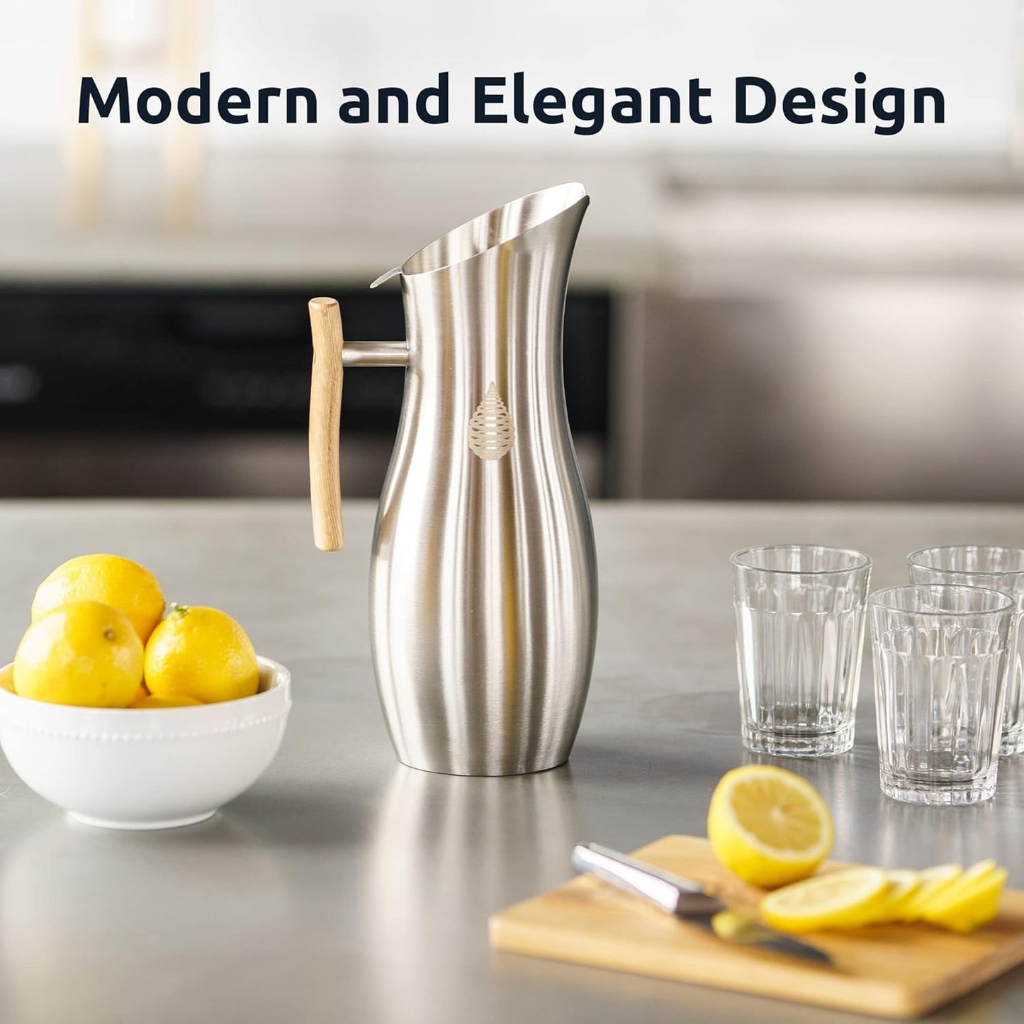 Invigorated Living Stainless Steel Water Pitcher with Lid, Ice Guard, Wooden Handle, Ideal for Cold and Fruit Infused Water (1.9L, No Filter)