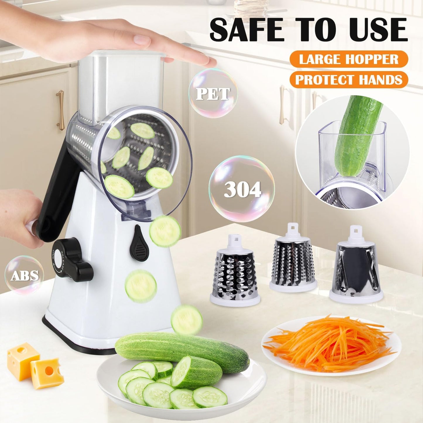 Rotary Cheese Grater Hand Crank, 3 in 1 Blades Vegetable Slicer Cheese Shredder for Vegetable, Nuts, Chocolate, Potato, Practical Kitchen Gadgets