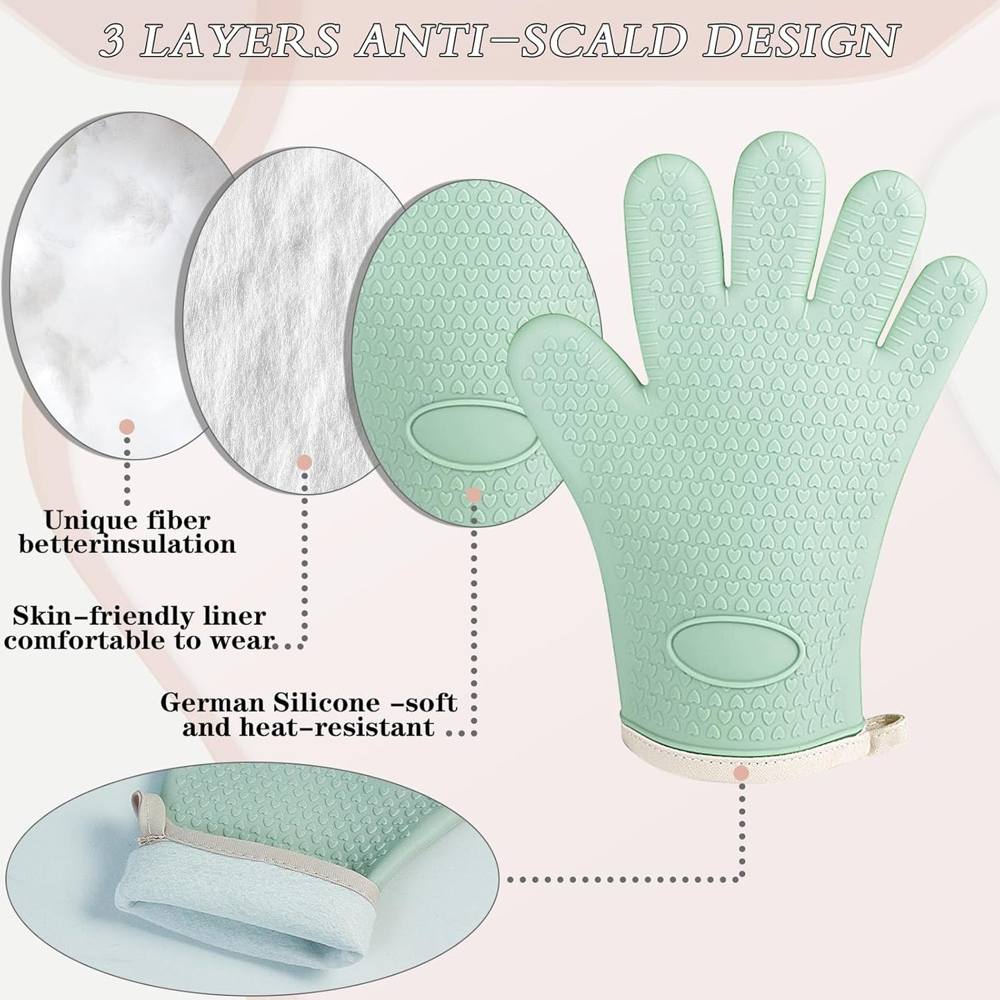 Oven Mitts with Fingers, Heat Resistant 500°F, Waterproof & Non-Slip Kitchen Gloves for Baking, Grilling, Cooking.5-Finger Design with Soft Lining, Hanging Hook,Mint Green