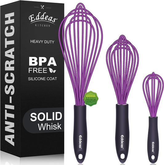 Silicone Whisk, Eddeas Whisk Non-Scratch Coated Whisks set of 3-Heat Resistant(450°F) Kitchen Wisk, Balloon Egg whisk Perfect for Blending, Whisking, Beating & Stirring, Purple