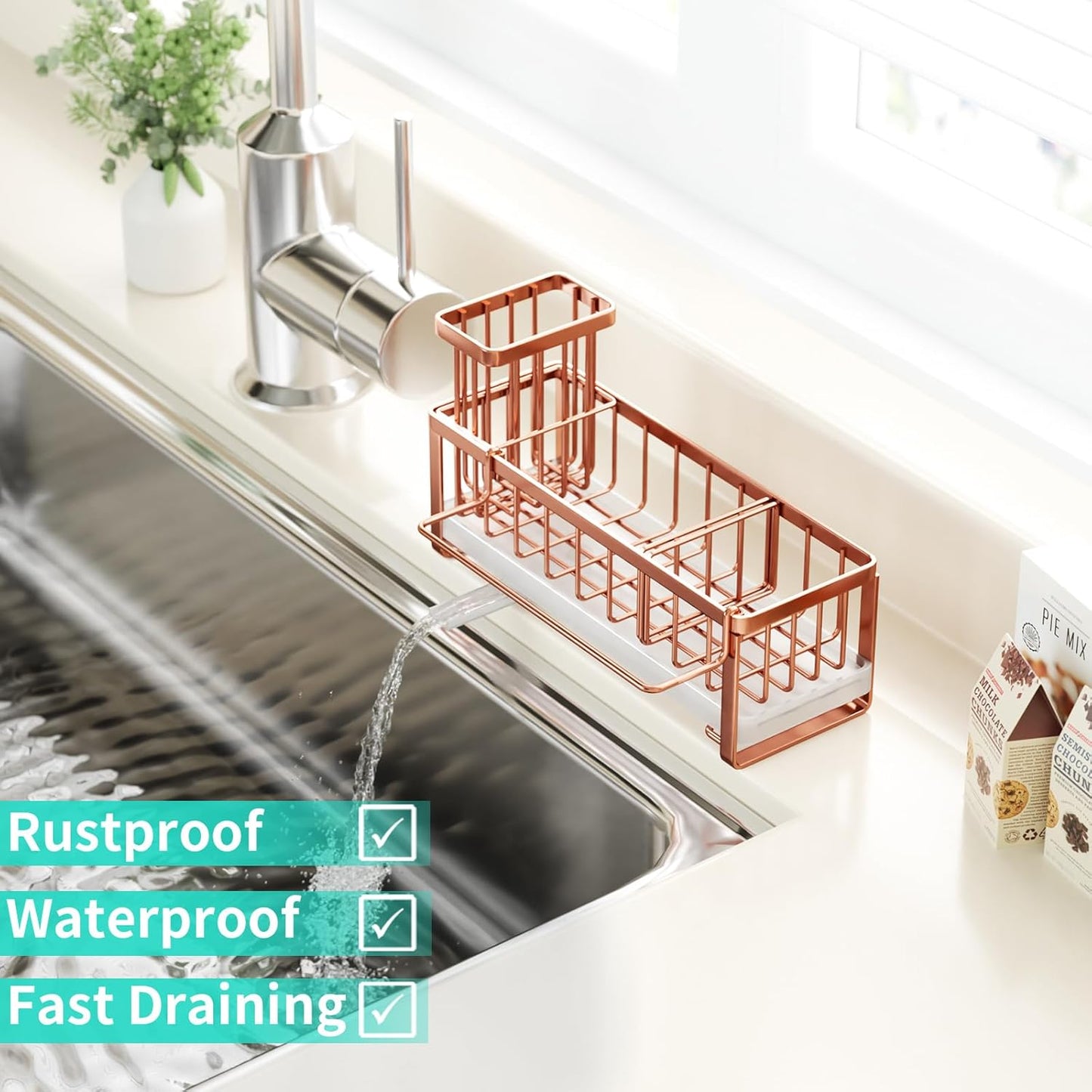 HapiRm Sponge Holder for Kitchen Sink - Self-draining Sink Caddy with Brush and Dishcloth Holders, Stainless Steel Kitchen Organizer for Countertop - Rose Gold