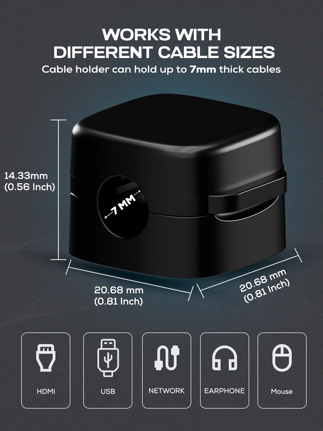 6-Pack Magnetic Cord Holder, Cord Holder with Strong Magnetic Lid, Holds Cables Firmly, 7 mm Charger Holder & HDMI Cord Organizer Clips, Strong Adhesive Pad (Black)