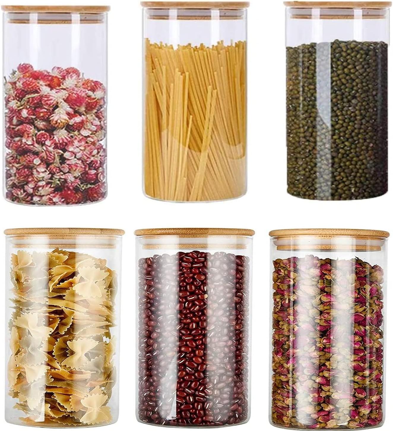 Airtight Glass Storage Canister with Lids, 32oz Food Storage Container Kitchen Pantry Storage Jar Set of 6 Kitchen Glass Canisters For Coffee, Flour, Sugar, Candy, Cookie, Snacks