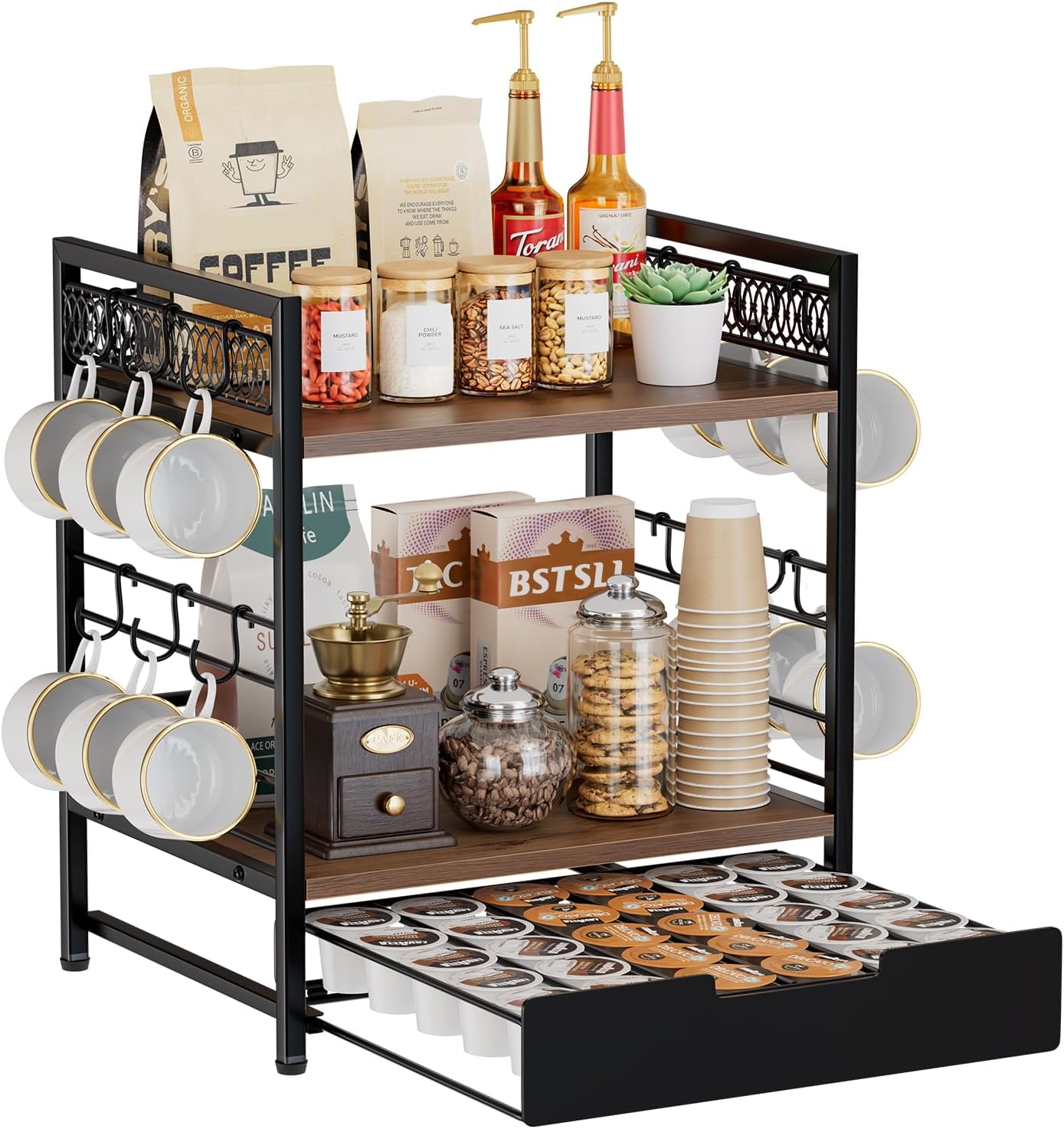 Coffee Bar Organizer, 3 Tier Coffee Station Organizer for Countertop, 30 K Cup Pod Drawer, Mug Cup Holder Stand With 12 Hooks, Multifunctional K Pods Shelf Storage Holder Drawer