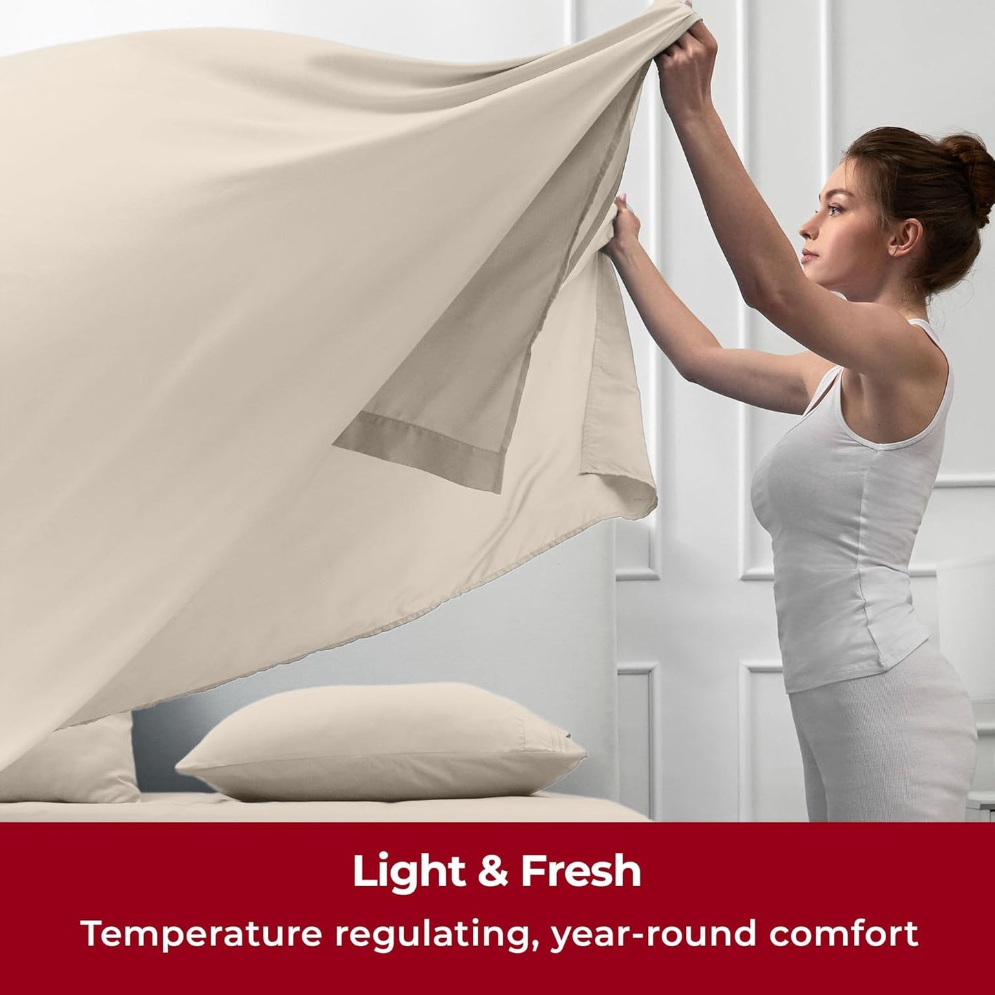 Mellanni Split King Sheets Set - 5 PC Iconic Collection Bedding - Hotel Luxury, Extra Soft, Cooling Bed Sheets - Wrinkle, Fade, Stain Resistant (Split King, Beige)