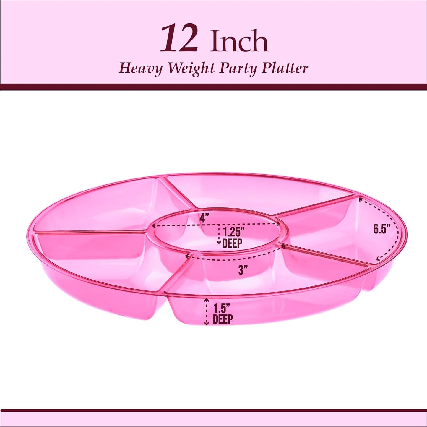 Plasticpro 6 Sectional Round Plastic Serving Tray/Platters Pink Pack of 8