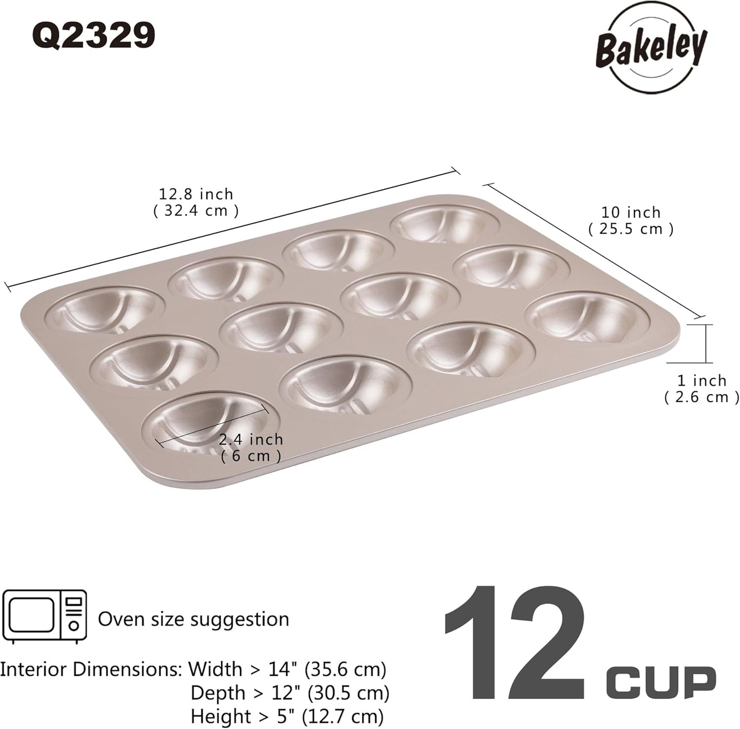 Muffin Cake Pan, Non-Stick 12-Cavity Chestnut-Shaped Bakeware for Oven Baking (Champagne Gold)