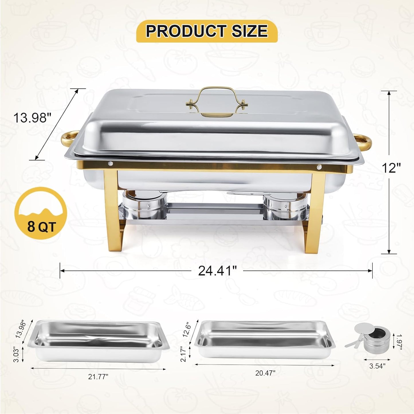 GarveeHome Chafing Dishes for Buffet 2 Pack, 8 Qt Stainless Steel Chafers and Buffet Warmers Sets with Lid, Rectangle Serving Food Warmer Catering Supplies Buffet Display for Parties, Gold