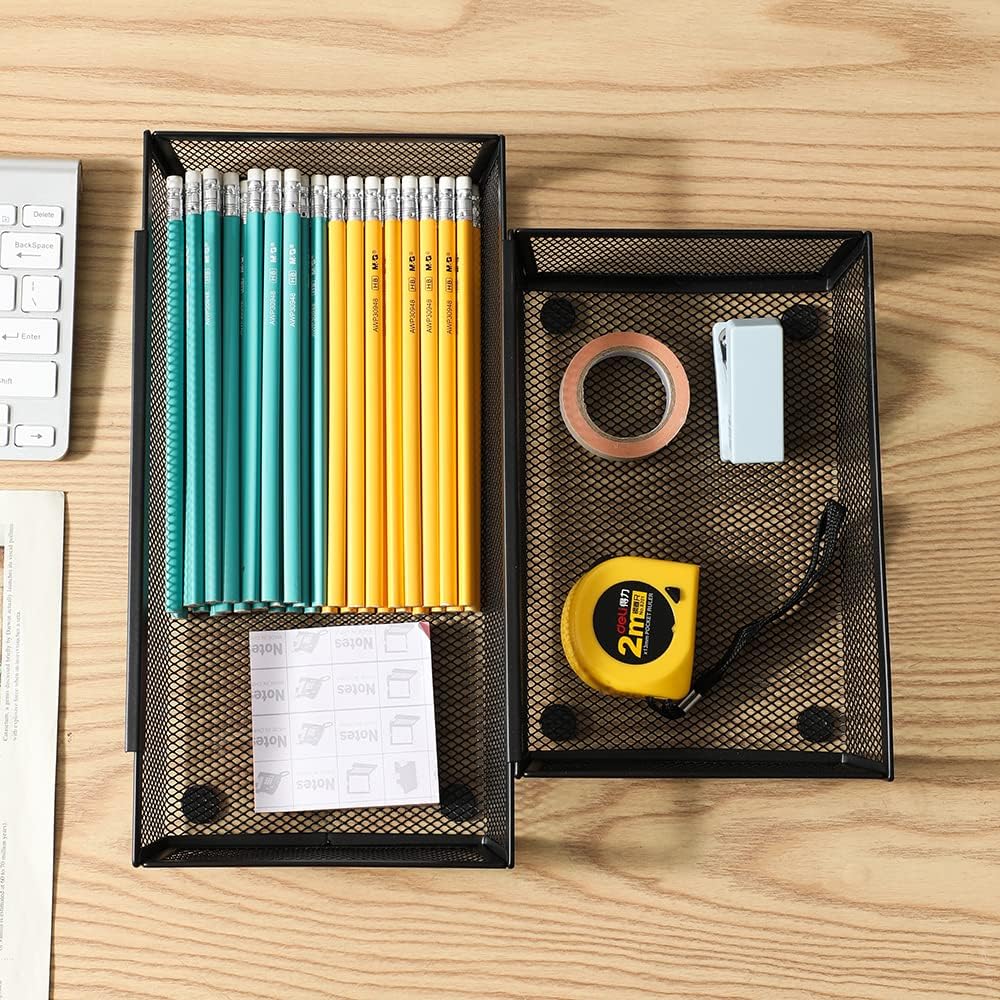 Mesh Tray Kitchen Drawer Utensil Cutlery Tray Office Supplies with Inter-locking Arm Drawer Dividers Organizer for Silverware, Flatware, Home,Office, School,Bedroom(9＂X6＂4pack) Black