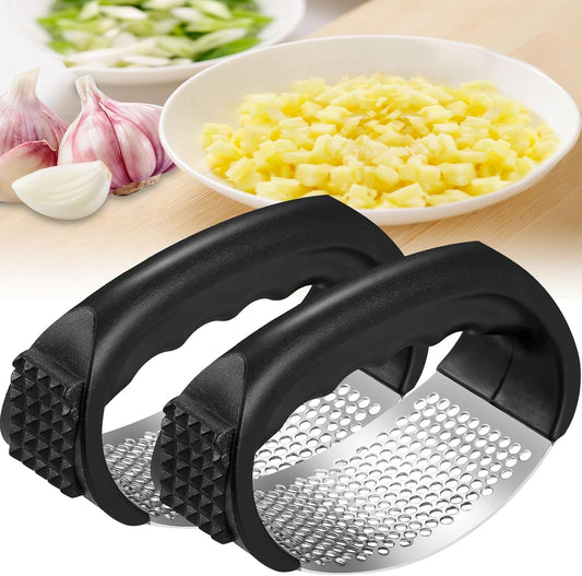 2Pcs Garlic Press Rocker, Stainless Steel GarlicMincer and Garlic Crusher, Easy-Squeeze GarlicTool (black+black)