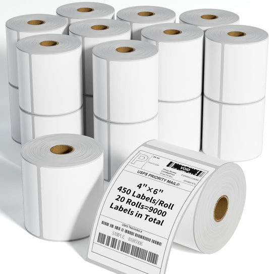 FungLam 4"x6" Direct Thermal Shipping Labels - Compatible with Zebra, Munbyn, Rollo Printers - 450 Labels Per Roll, 20 Rolls