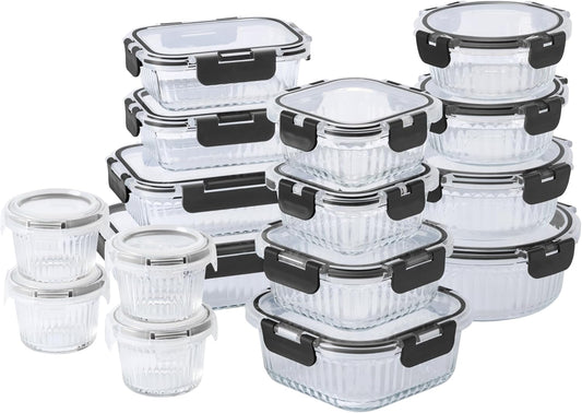 COOK WITH COLOR Premium 32-Pc. Borosilicate Glass Food Container Set with Dividers - 4 Rectangles, 8 Rounds, 4 Squares - Leakproof Lids - Meal Prep, Storage, Fluted Ombre Black