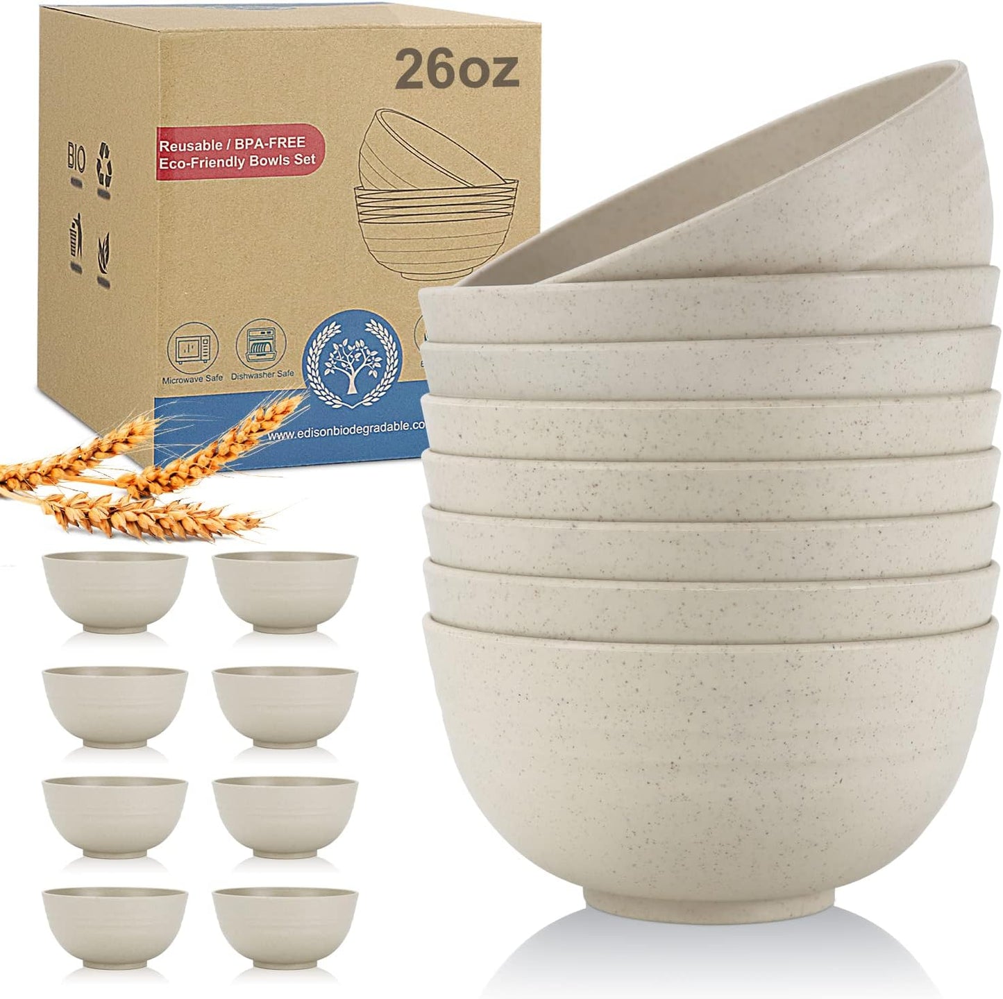 Wheat Straw Bowl Sets,8 PCS Unbreakable Cereal Bowls 26 OZ,Microwave and Dishwasher Safe Bowls, Kitchen Bowl suitable for cereal,salad,snack and soup (Beige)