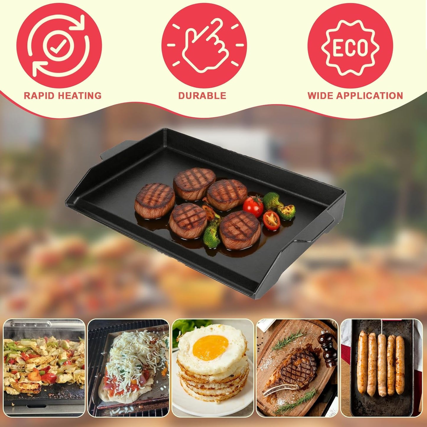 DcYourHome Universal Flat Top Griddle for Gas Grill, Gas Stove,Grill Flat Insert for Outdoor Grills, Stove-Top Griddles for 4 Burner Range Oven, 18.6" × 14" Large Nonstick Cast Iron Cooking Griddle