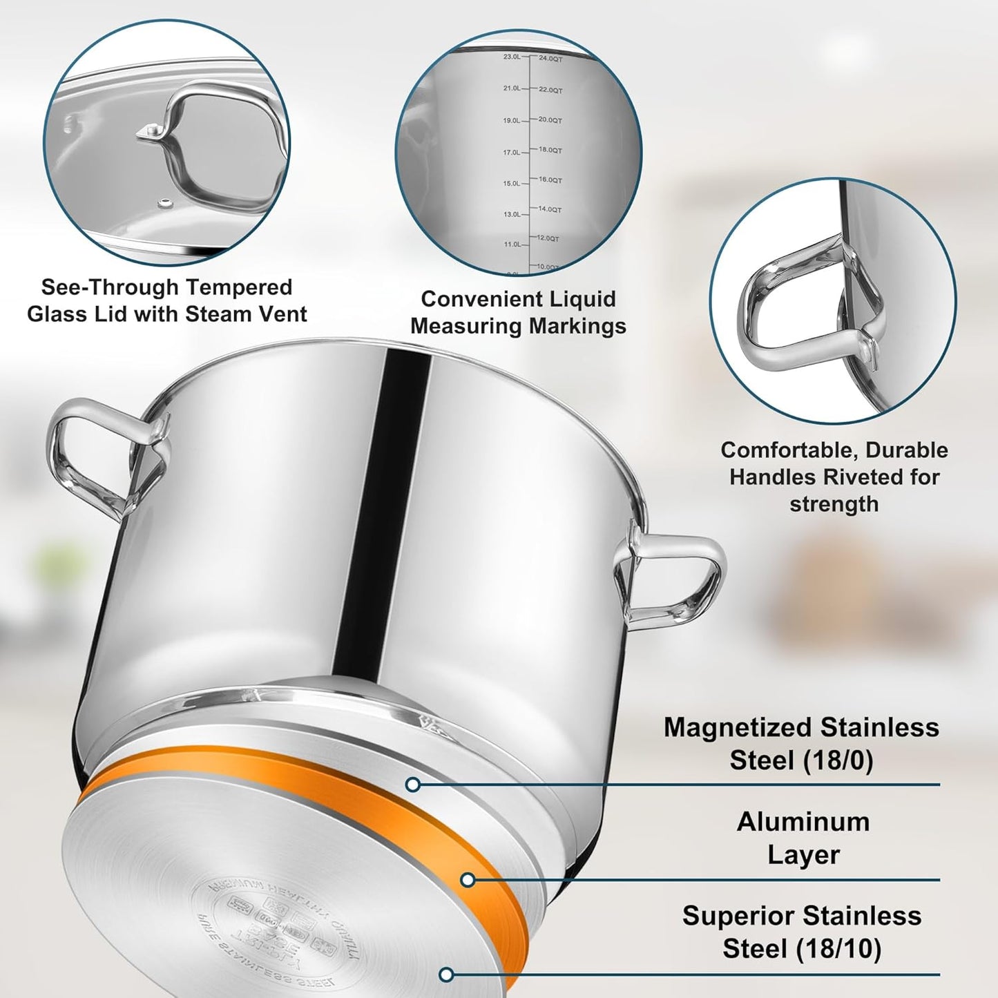 E-far 24-Quart Large Stock Pot, Stainless Steel Stockpot with Lid for Boiling Cooking Soup Stew Canning, Heavy Duty Tri-Ply Bottom Works w/Induction, Commercial Grade & Dishwasher Safe