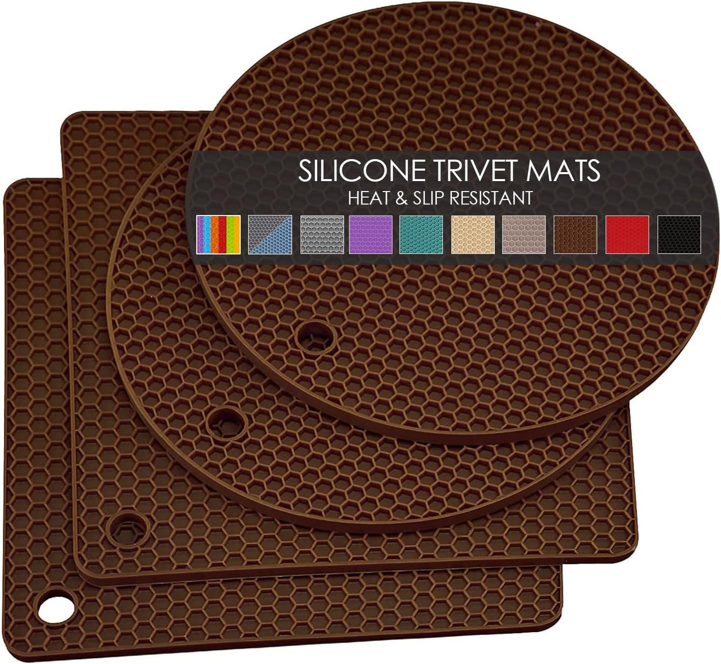 4 Pack Silicone Trivet Mats, Heat Resistant Silicone Hot Pot Holders Hot Pads for Kitchen Countertop, Non-Slip Brown Trivets for Pots and Pans, Hot Plate Mat Coffee Trivet Food Grade Silicone Mat