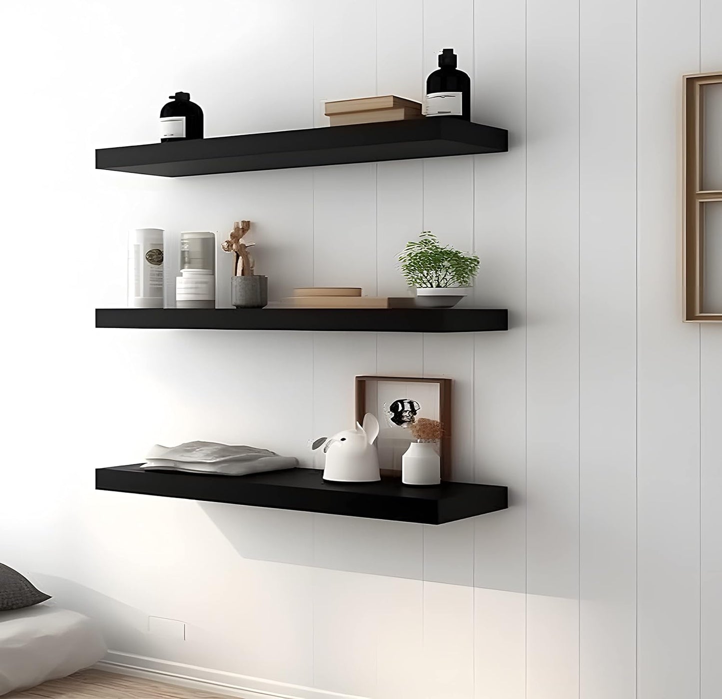 Wood Floating Shelves for Wall, Wooden Wall Shelves for Bedroom, Wall Mounted Shelves for Living Room, Set of 4 Black 24 Inch