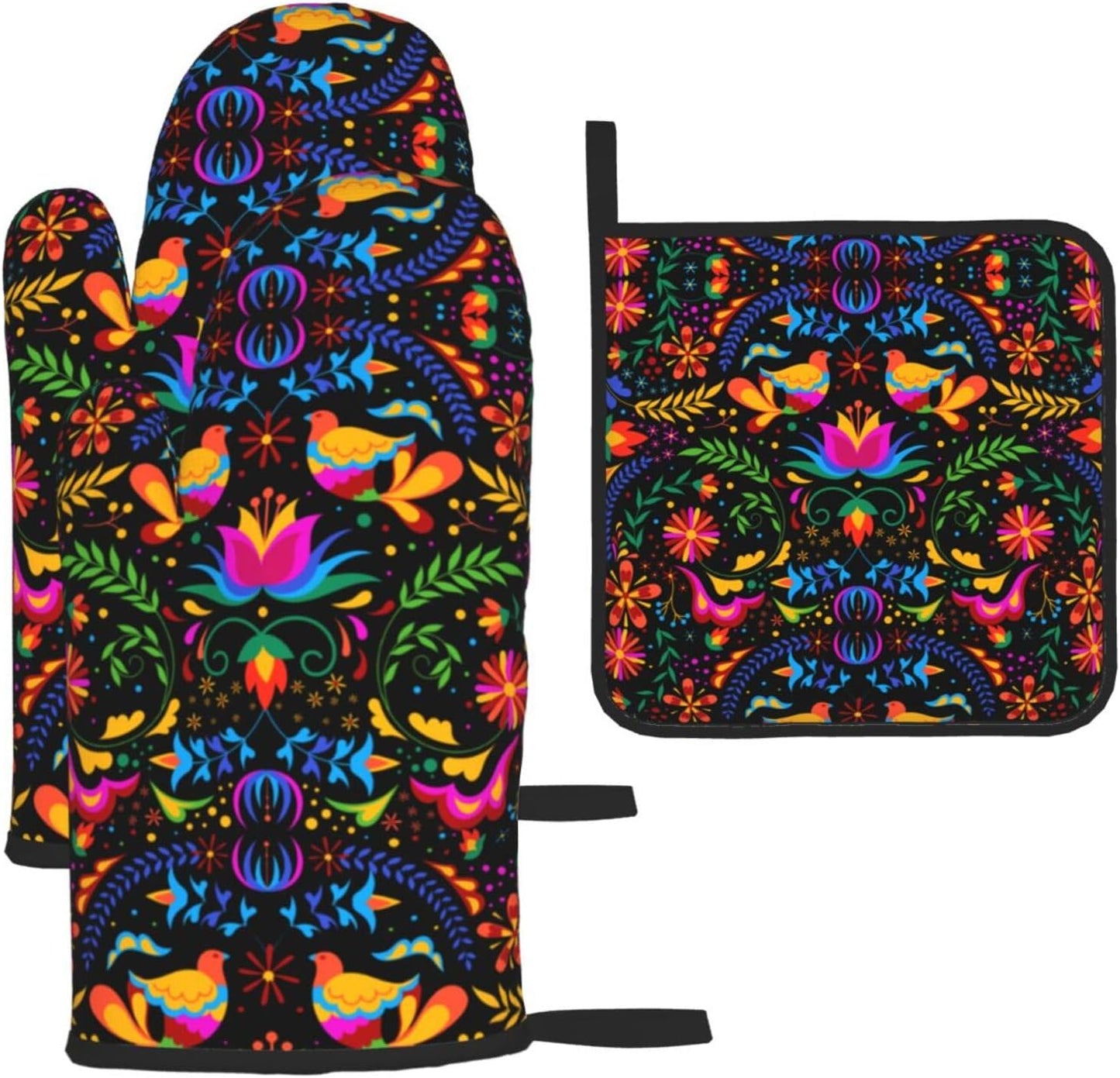 Mexican Floral Oven Mitts and Pot Holders Sets of 3 Heat Resistant Mexican Flower Hot Pads Oven Gloves for Kitchen Cooking BBQ Baking, Black