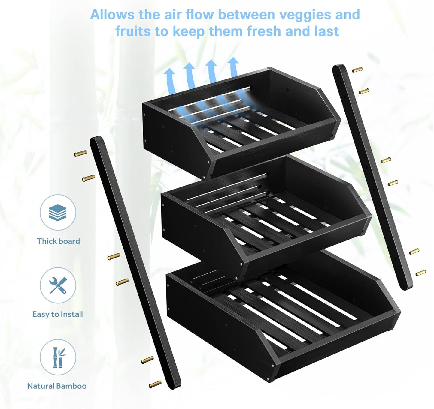 G.a HOMEFAVOR Large Bamboo Fruit Basket, 3 Tier Fruit Bowl for Kitchen Counter, Fruit Holder for Kitchen Countertop, Snack Fruit Vegetable Storage Basket Stand (BLACK)