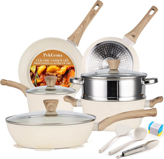 PekGema 14 Pcs Ceramic Cookware Sets, Pots and Pans Set Nonstick, Non Toxic Healthy Non stick Kitchen Cooking Set, Induction Cookware with Frying Pan Set, PFAS PTFE PFOA FREE, White