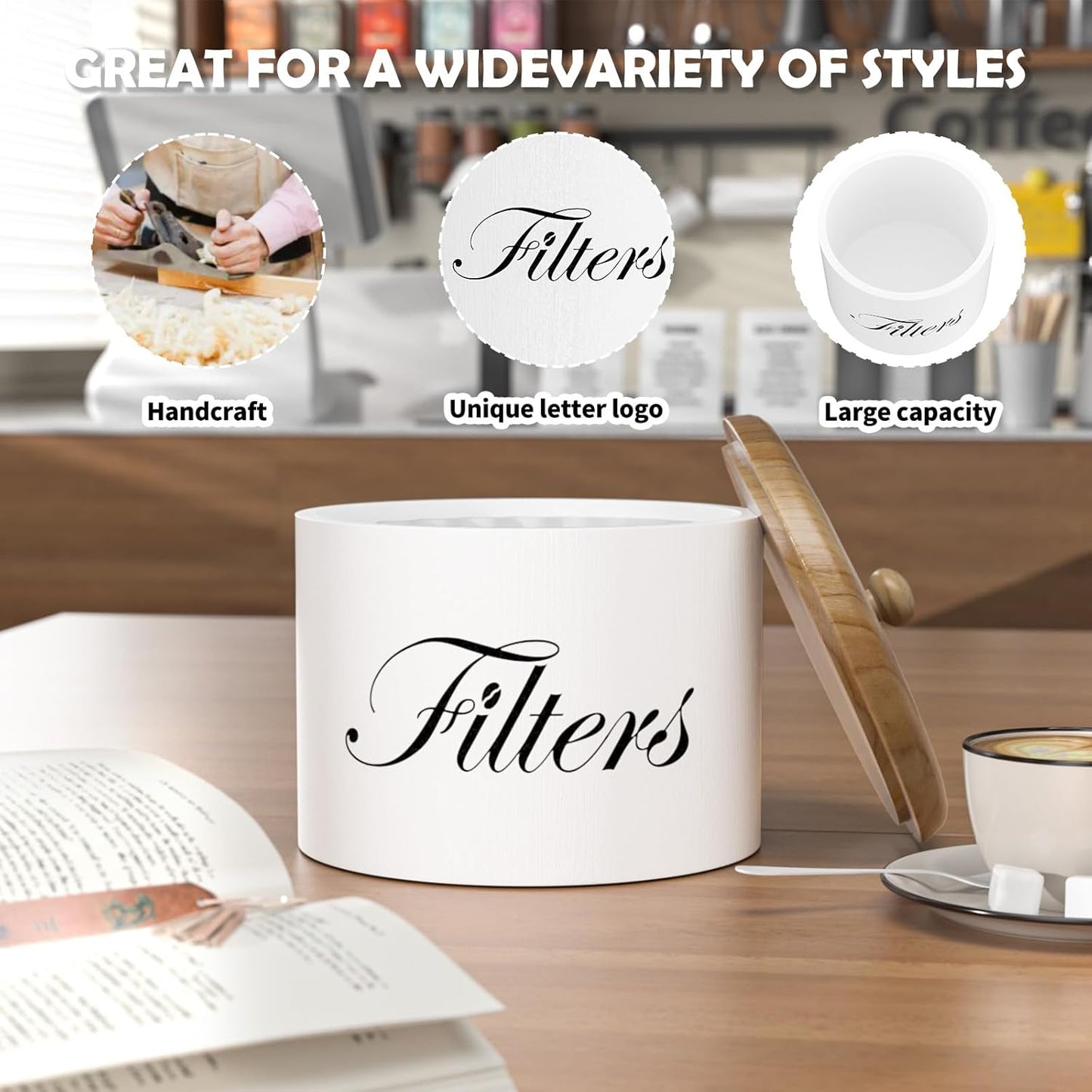 Coffee Filter Holder, Wooden Coffee Filter Storage with Lid, Round Coffee Filter Container for Counter, Rustic Farmhouse Coffee Bar Accessories Decor (White)