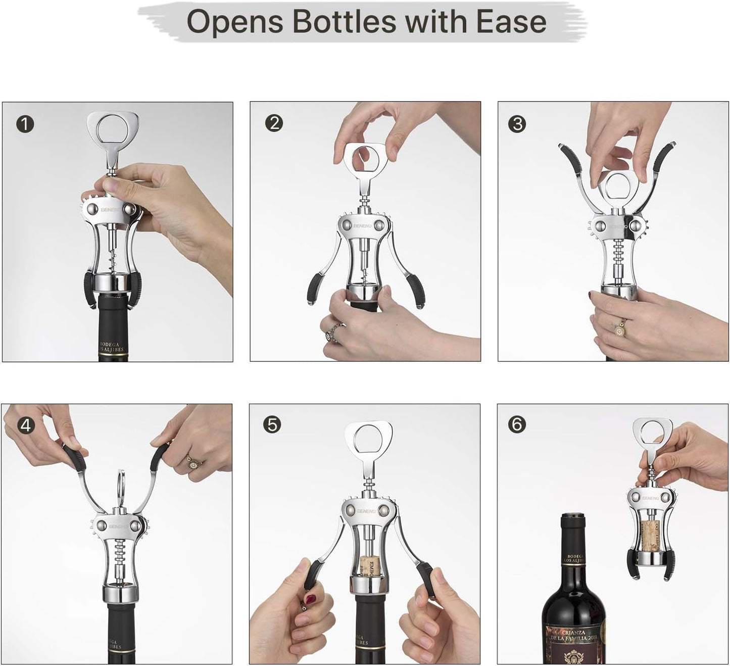 Beneno Wine Opener, Zinc Alloy Premium Wing Corkscrew with Multifunctional Bottles Opener, Sharp Wine Corkscrew with Ergonomic Non-Slip Wing Handle, Upgrade