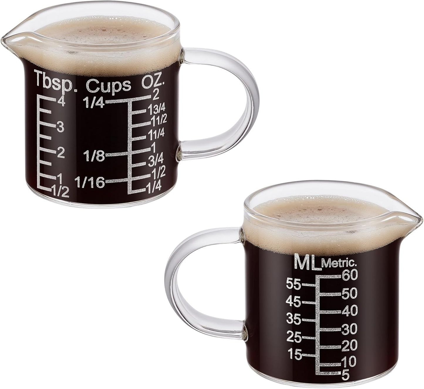 Ackers Etching Scale Measuring Glass -[Insulated handle | V-Shaped Spout]-Made of High Borosilicate Glass Measuring for Kitchen or Restaurant, Easy to Read, 60 ML (2 Oz) 丨(2 Pack)