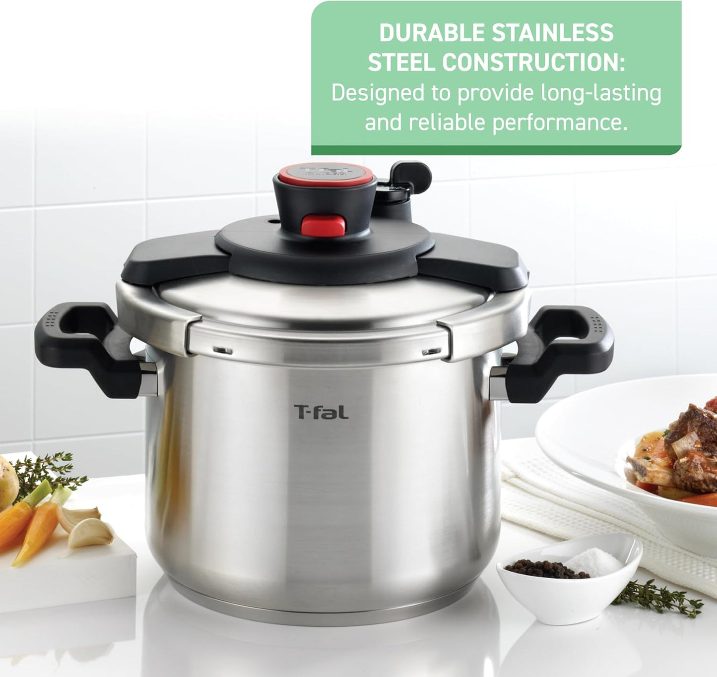 T-fal Clipso Stainless Steel Pressure Cooker 6.3 Quart, Induction, Secure locking System, One Hand System, Recipe Book Included, Cookware, Pots and Pans, Kitchen, Dishwasher Safe, Silver