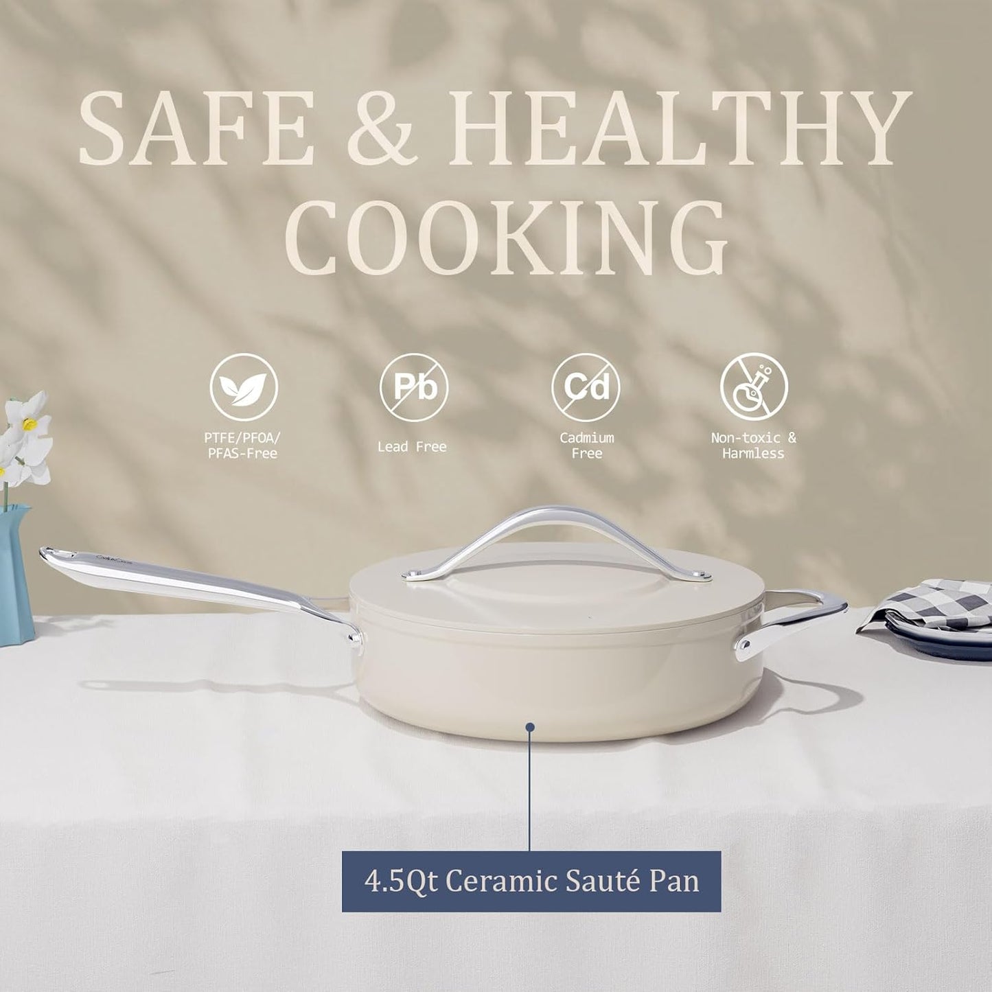 Nonstick Ceramic Sauté Pan with Lid (4.5 qt, 11"), Deep Frying Pan for All Cooktops - Non Toxic, PTFE/PFOA/PFAS Free, Dishwasher & Oven Safe up to 500°F - with Stay Cool Handle - Cream