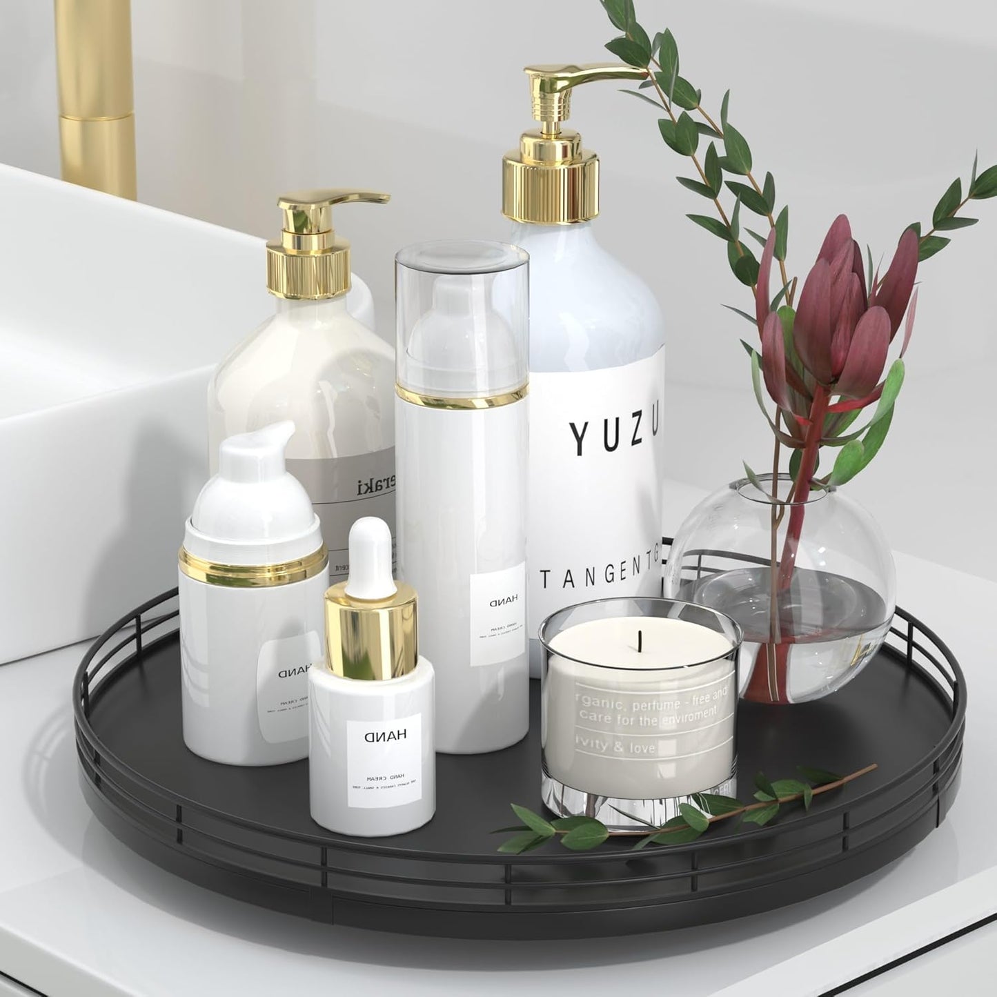 12" Oak Wood Bathroom Tray for Counter, Vanity Tray for Perfume Lotion Candle Makeup Jewelry Sink Soap Holder Turntable Dresser Organizer Countertop Coffee Table Decor Organization and Storage Black