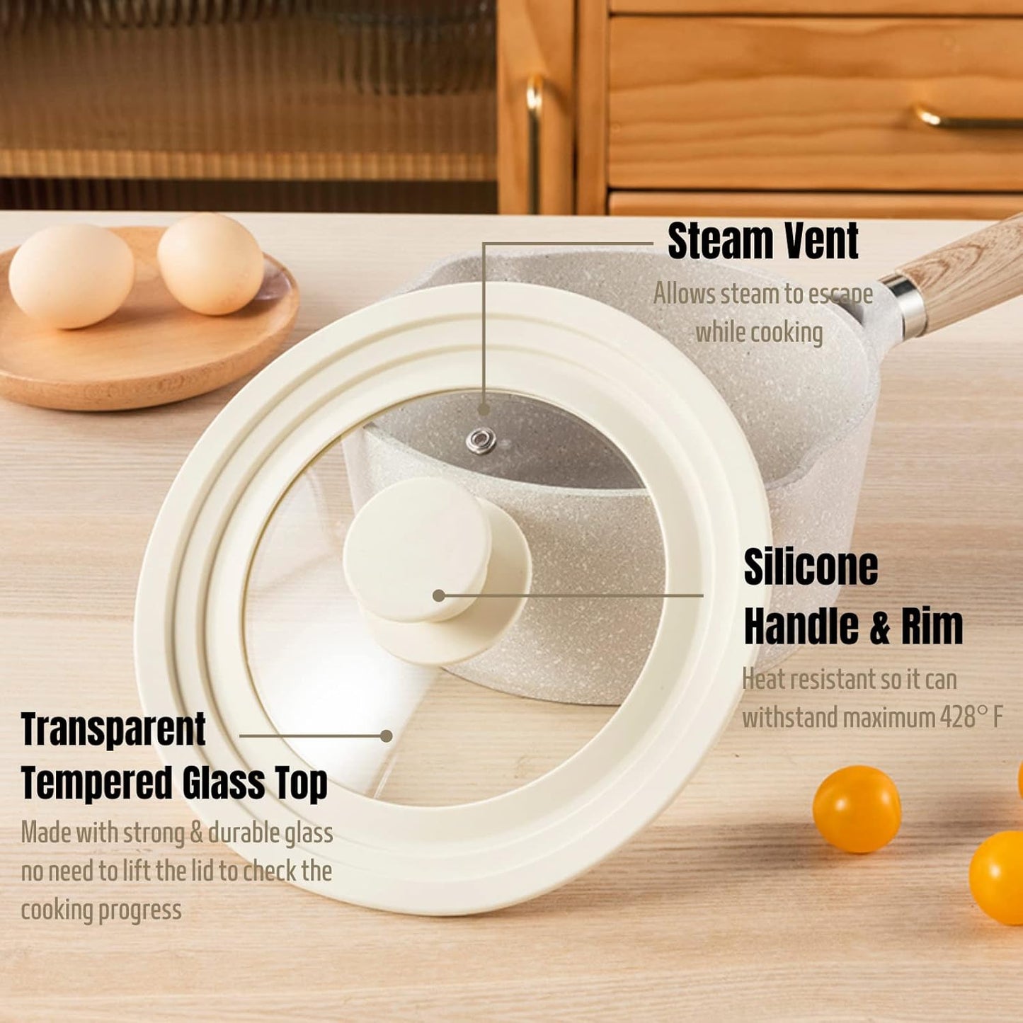 J&C LIFE Universal Lids for Pots, Pans & Skillets (Set of 2) – Fits 7, 8, 9, 10, 11, 12 Inch Pots and Pans, Tempered Glass Silicone Frying Pan Lid, Dishwasher Safe, White Replacement Lid