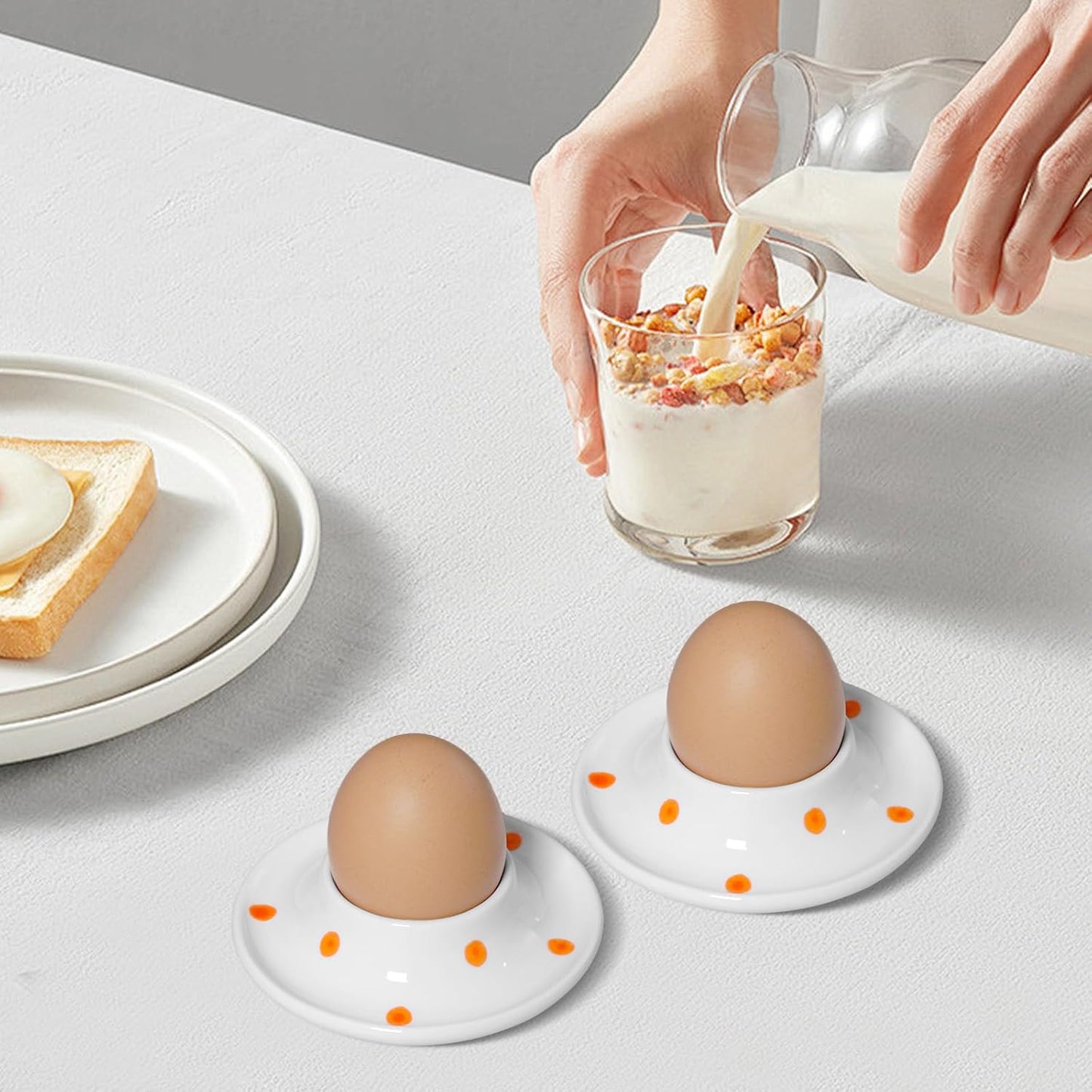 Cinf Ceramic White Egg Holder Set of 2 Porcelain Holder Breakfast Boiled Cooking Easy to Clean Childhood Memories Kitchen（Orange Dot)
