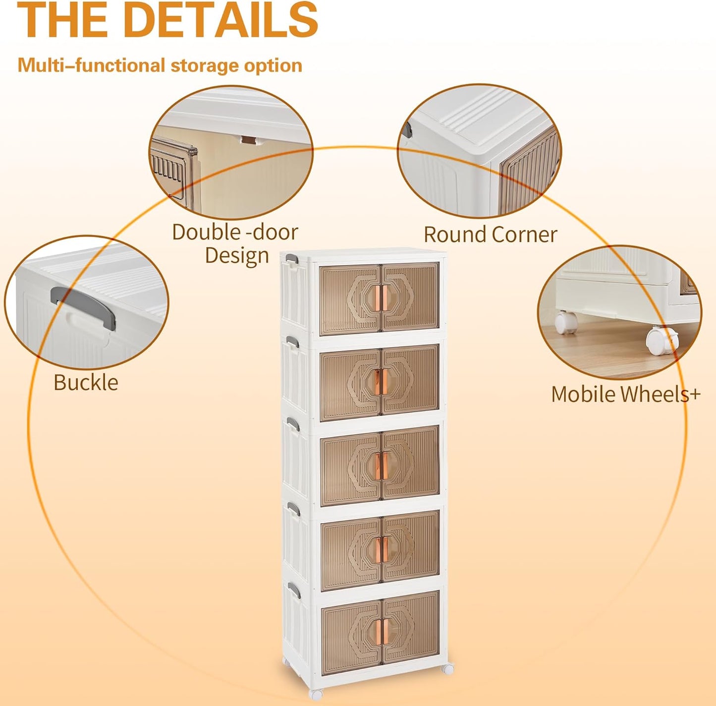 VECELO 19 Gal Stackable Storage Bins with Lid, 5 Pack Plastic Collapsible Storage Cabinet, Foldable Folding Box Organizer/Storage Container Cart with Wheel and Double Door for Home Office, White