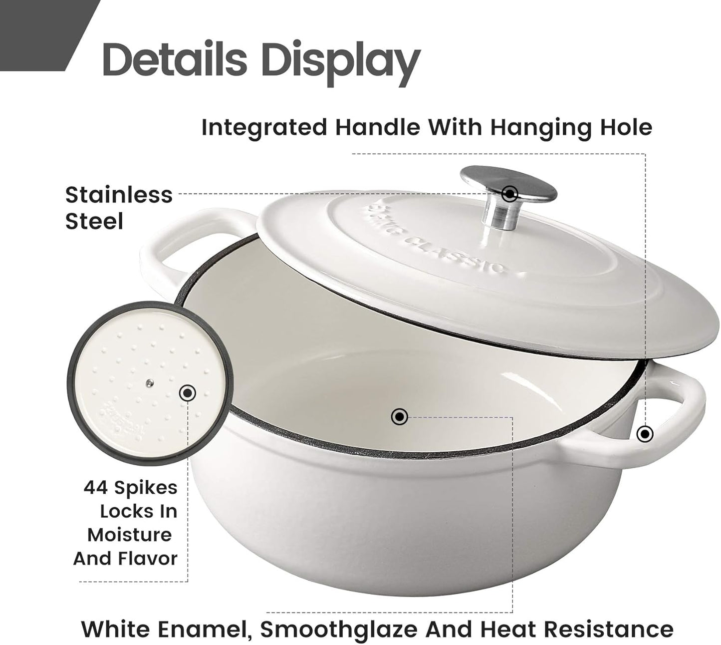 Dutch Ovens Enameled Cast Iron Covered 5.5 Quart Dutch Oven with Dual Handle for Bread Baking, White